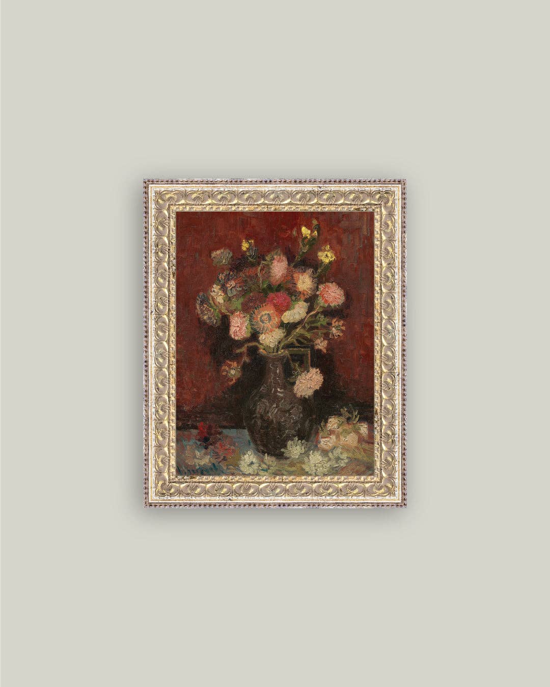 Chinese Asters and Gladioli Framed Antique Art - 5x7