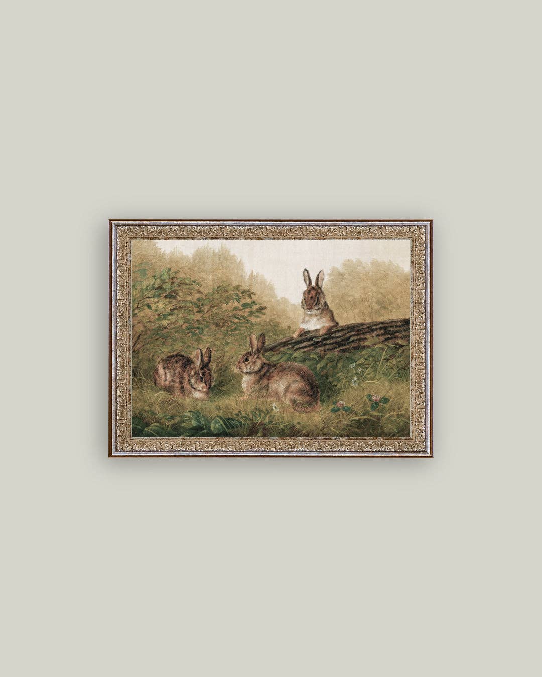 Rabbits on a Log Framed Antique Art - 7x5